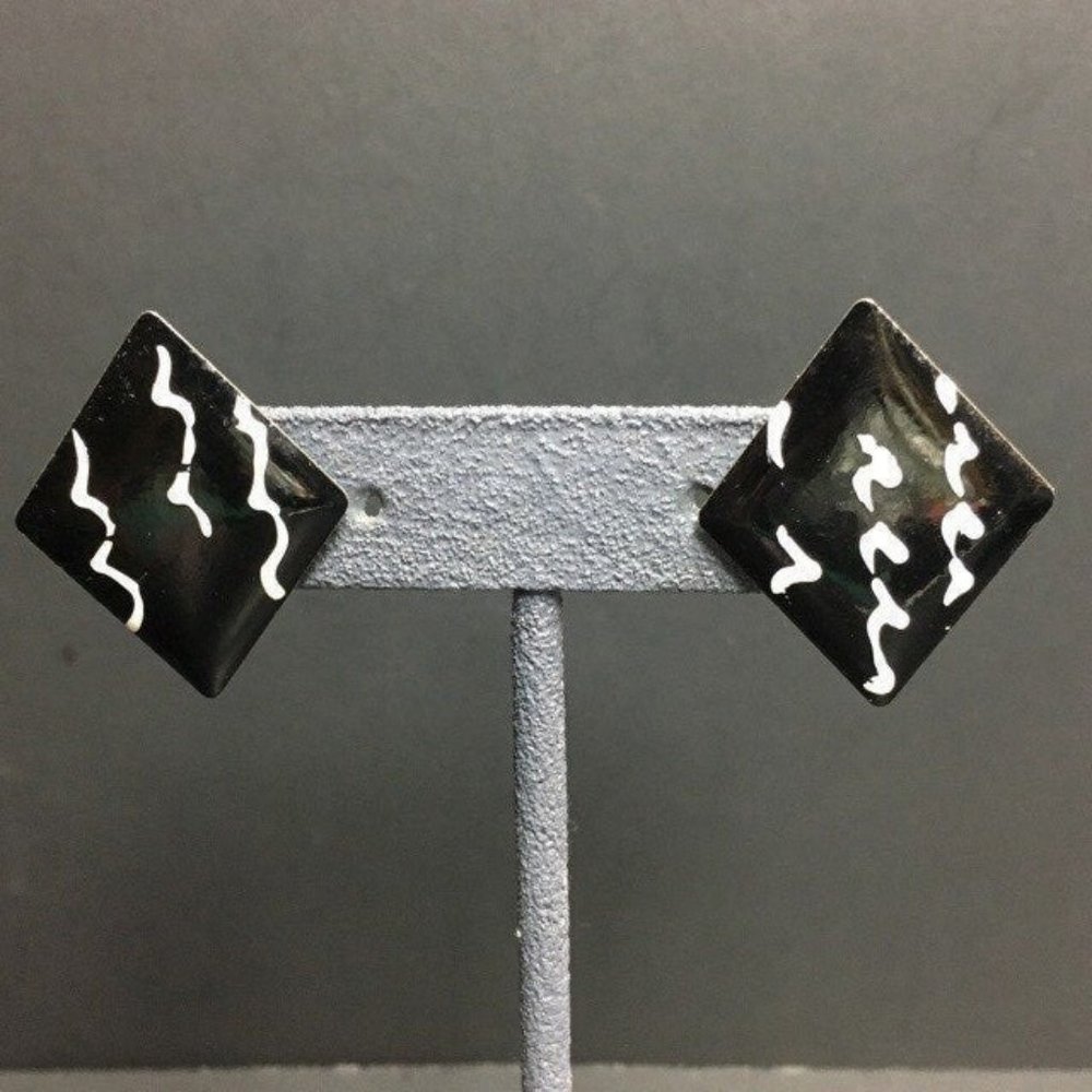 Diamond Pierced Earrings Black Enamel White Squiggle Square Retro Vintage BoHo